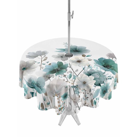 Outdoor Tablecloth with Umbrella Hole for Patio/Picnic/Party/Camping, Teal Grey Flowers Waterproof Table Cloth Round Cover Washable, Spring Watercolor Blooms Floral Plant (Dia 60")