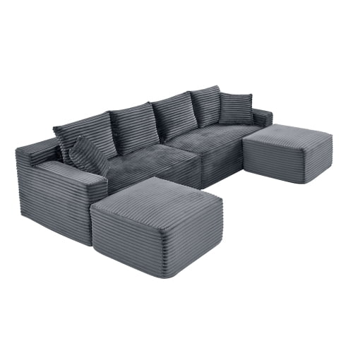 115" U-Shaped Boneless Sectional Sofa with Chaise and Ottoman, Deep Seat Plush Corduroy, No Assembly Required, Grey