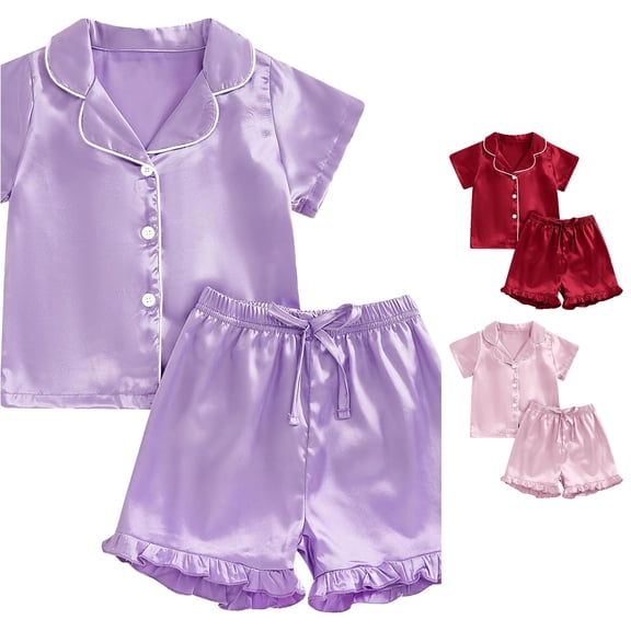 Weebloom Girl Pajamas Fashion Solid Lapel Button Down Short Sleeve Blouse Shorts Two Piece Suit Tween Sleepwear Nightwear Pjs Loungewear Purple 12-13 Years