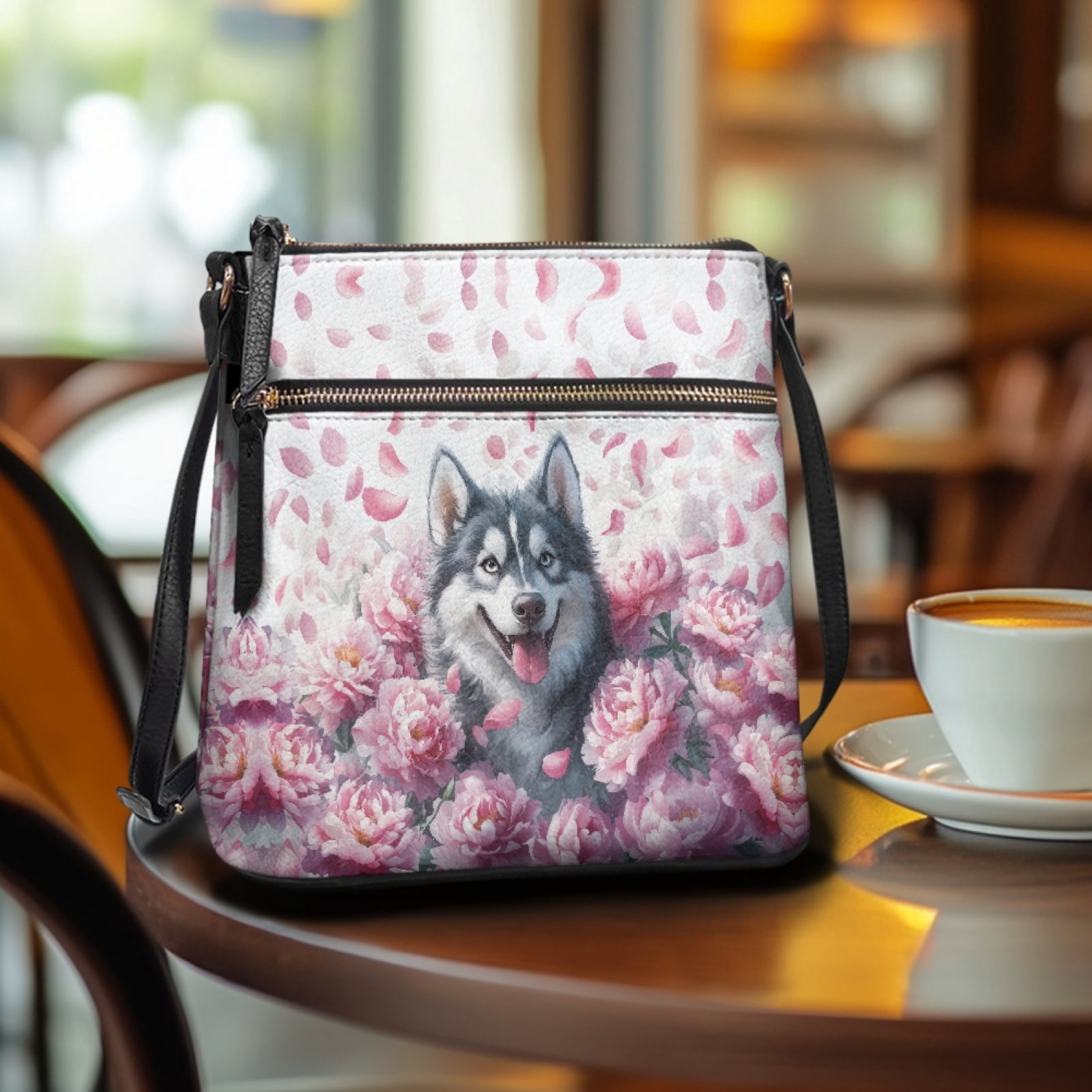 ZUXONGSY Peony Siberian Husky Prints PU Shoulder Purse Bag for Women Waterproof Crossbody Handbag Sling Hobo Bag Multipurpose Satchel with Adjustable Strap for Working Shopping