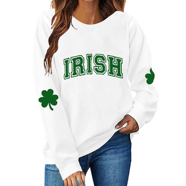 Besolor Chandail en Molleton pour Femmes St Patricks Day Trèfle Imprimé Manches Longues Pull Décontracté Col Rond Graphique