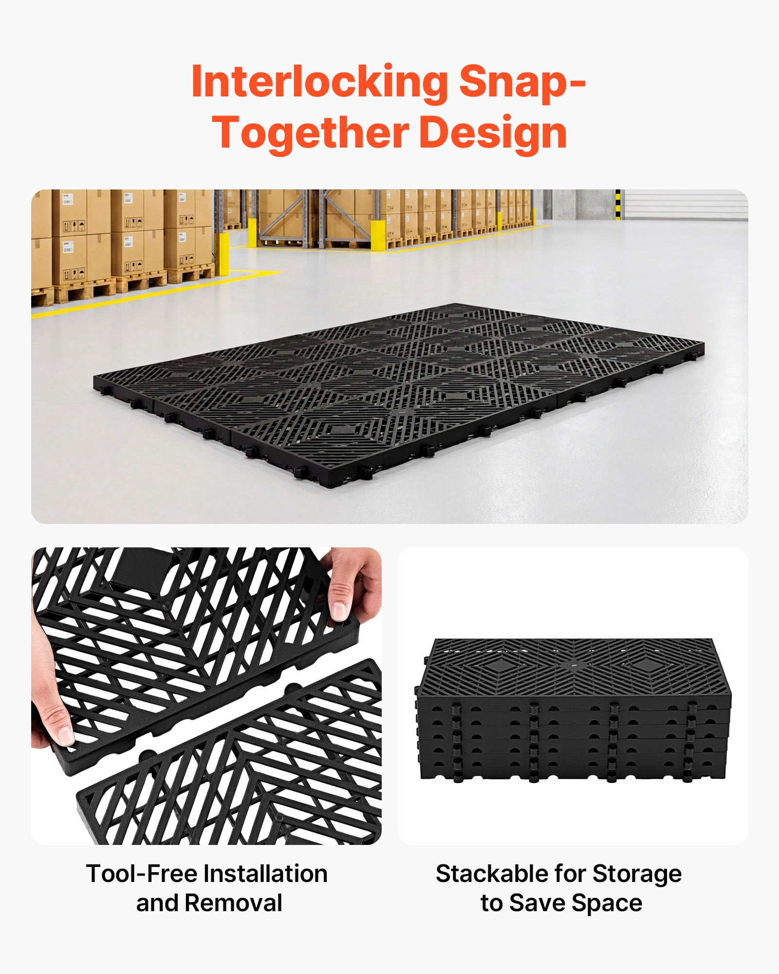VEVOR Plastic Pallets, 6 Pcs Plastic Pallets for Basement Storage, Nestable Lightweight Waterproof Storage Pad with Breathable Grid for Indoor Outdoor Supermarket Warehouse, 23.6"x11.8"x1.2", Black