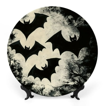 

Zhiwo Bats Halloween Gothic Art Bone China Decorative Plate Vertical Stand for Home Decoration 8x8inch