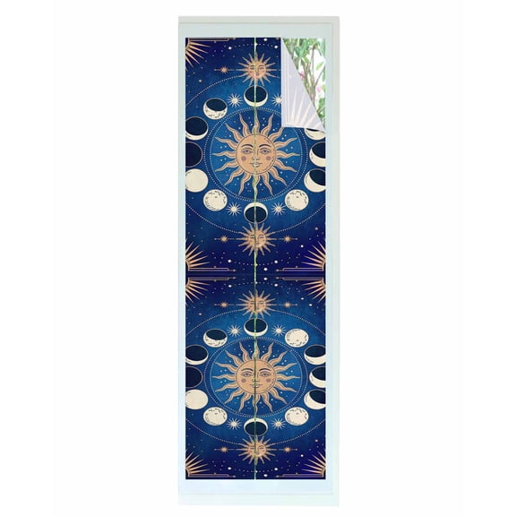 Window Privacy Film Navy Blue Boho Stained Glass Window Film Decorative Sun Block Window Cover Modern Abstract Bohemia Sun Moon Window Clings Static Adhesive Sticker for Bathroom 29.5"x118"