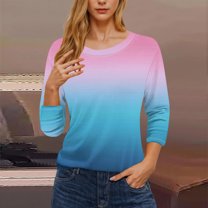 Tao 3/4 Length Sleeve Womens Tops Graphic Print Vintage Fashion Casual Loose With Round Neck Plus Size Shirts Pink4XL