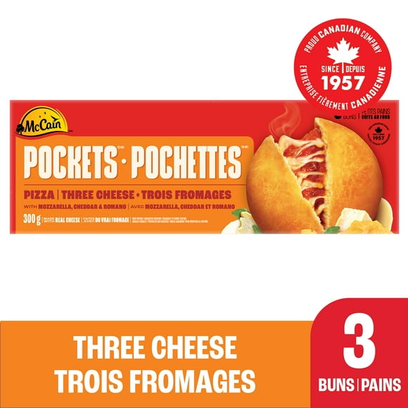 McCain® Pizza Pockets® Three Cheese, Made in Canada from domestic and imported ingredients, 3 x 100g