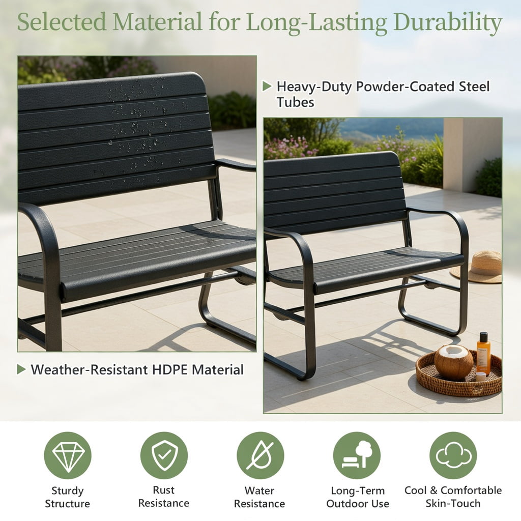 Hommoo 2-Seat Outdoor Porch Glider Chair with Heavy-Duty Steel Frame & Weather-Resistant HDPE Slats, Black