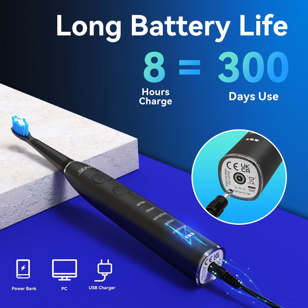 Seago Rechargeable Power Toothbrush for Adults with Travel Case, 5 Cleaning Modes, 300 Days  Battery Life ,SG-575 Blue