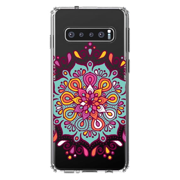 DistinctInk Clear Shockproof Hybrid Case for Samsung Galaxy S10+ PLUS (6.4" Screen) - TPU Bumper Acrylic Back Tempered Glass Screen Protector - Jewel Tone Mandala Colorful