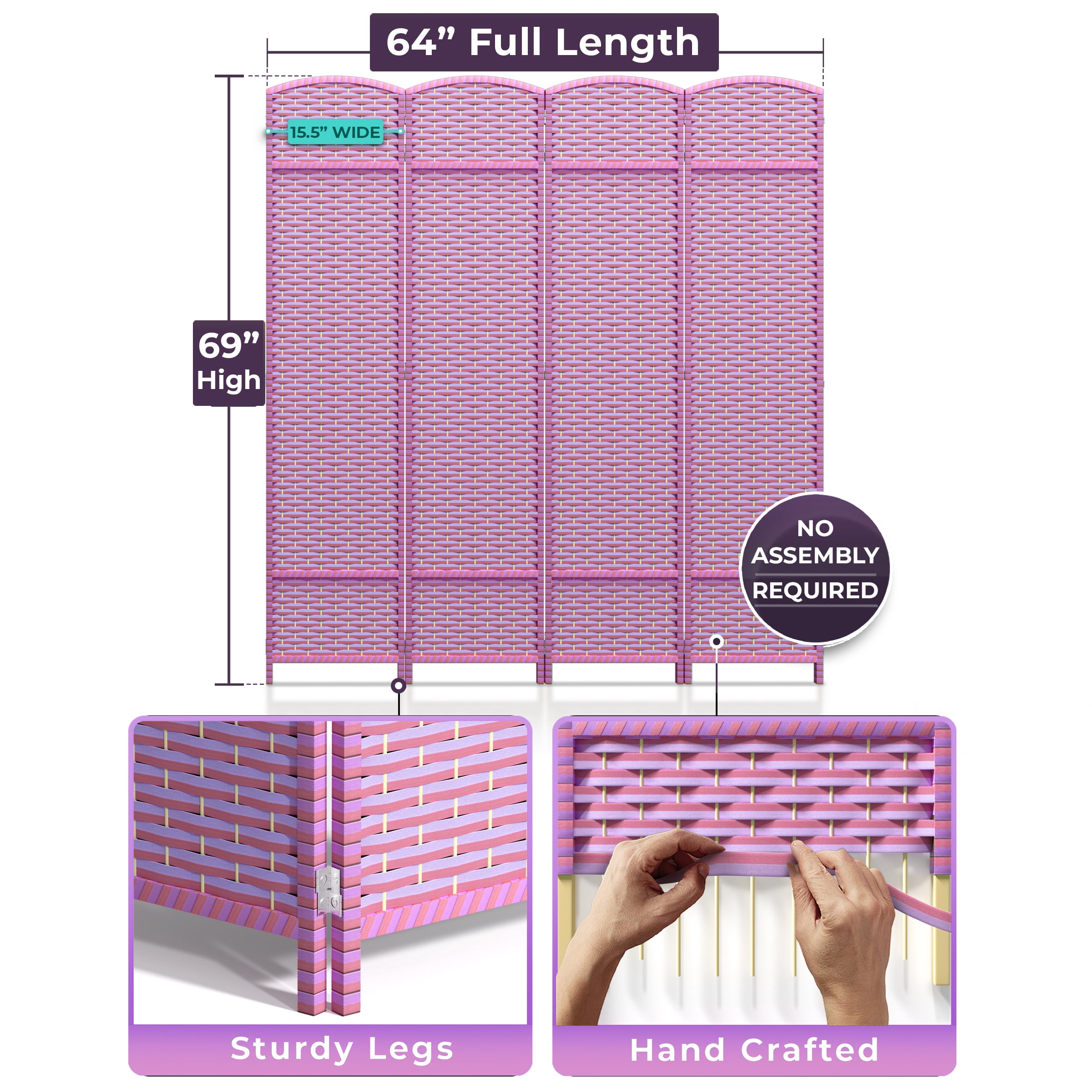 Sorbus 4-Panel Extra-Wide Folding Room Divider Privacy Screen, Hand-Woven Purple Mesh