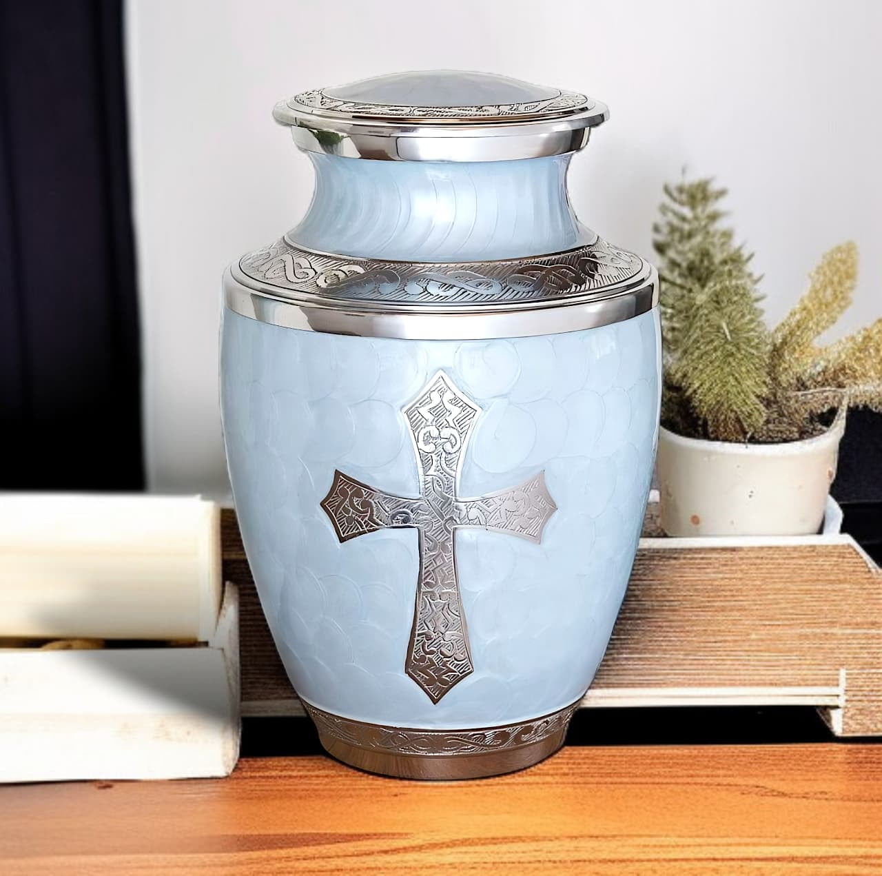 Cremation Urn for Human Ashes, Adult Sized Handmade Aluminium Urn with Cross Engraving, 200 Cubic Inches