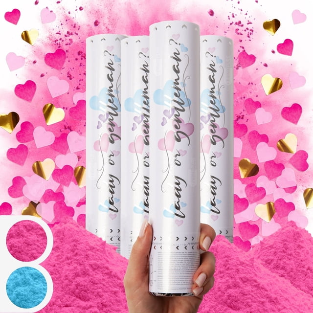 Canon à Confettis pour Révélation de Genre - Lot de 4 - Bombes Biodégradables Rose pour Fille pour Révélation de Genre Fumée et Poppers à Confettis en Forme de Cœur / Canon à Poudre pour Révélation de Genre de Bébé / Lanceur de Poudre Machine pour Révélation de Genre