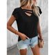 thumbnail image 3 of Top de manga de pétalo para mujer, camiseta informal con cuello en V, color liso, elegante, holgada, camiseta básica de verano, color negro M, 3 of 7