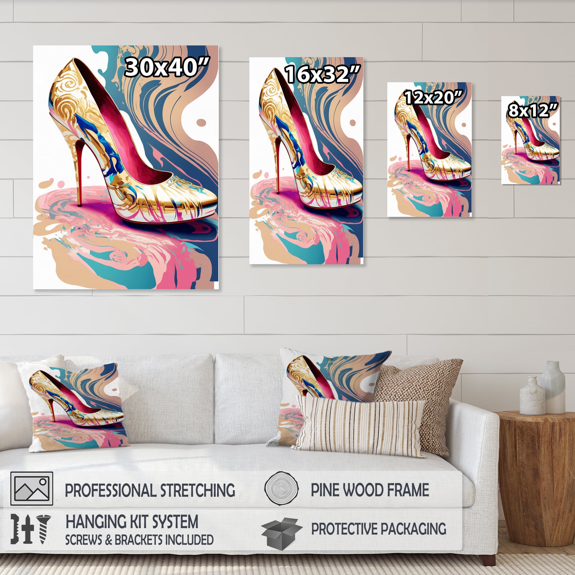 Designart Pink And Blue Art Deco High Heel Shoes IV Canvas Wall Art