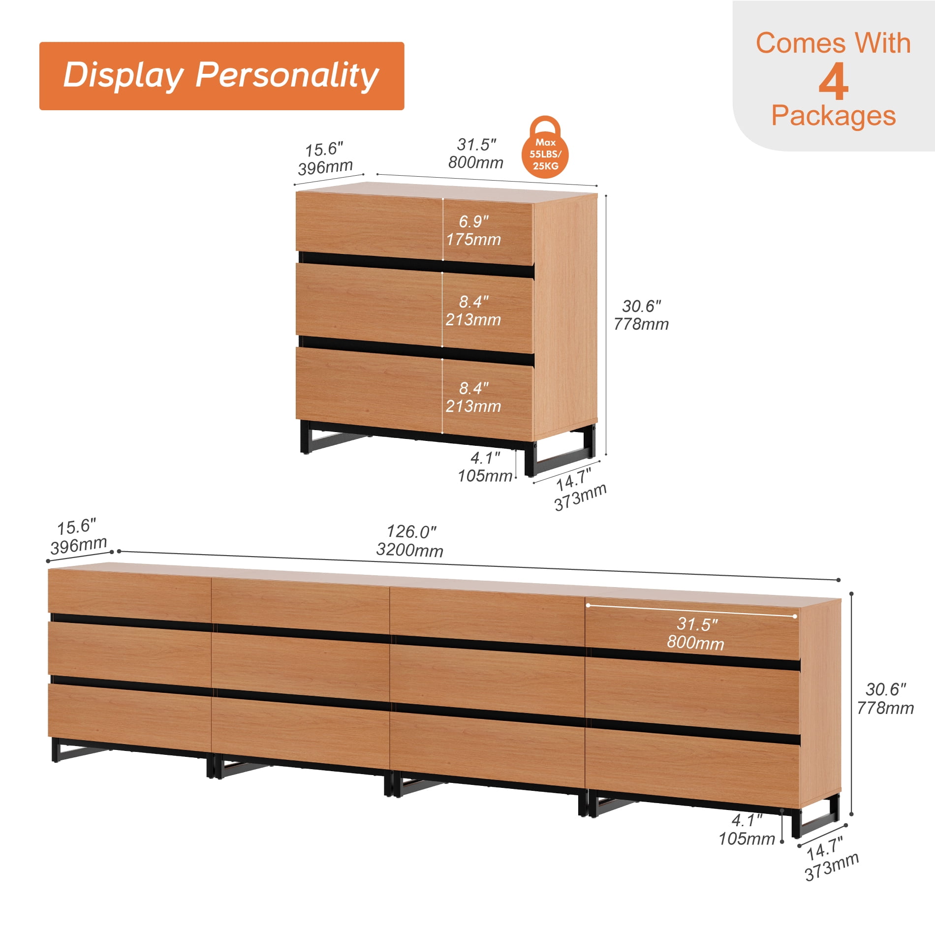 WAMPAT Modern Wood Dresser with 12 Drawers and Metal Base, Chest of Drawers & Closet Storage Organizer for Bedroom and Living Room, Mocha