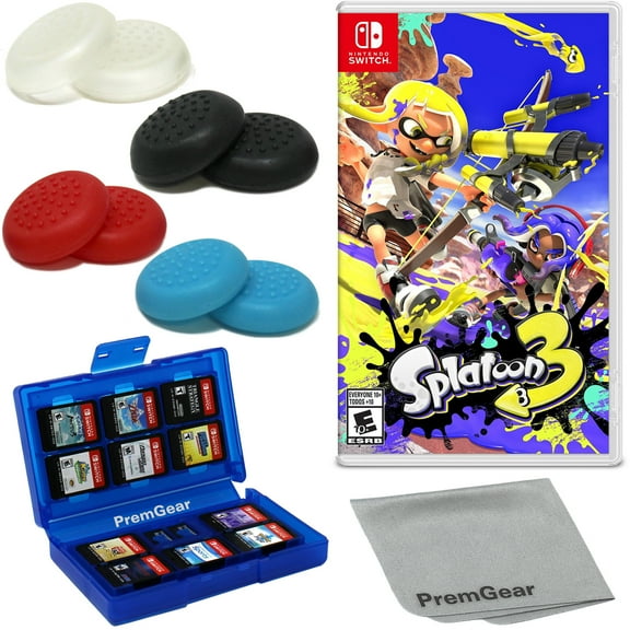 Splatoon 3 for Nintendo Switch (US Version), with PremGear Thumb Grips (8 pack - 2 Black, 2 Blue, 2 Red & 2 Clear), 24 Slot Game Card Holder & Cleaning Cloth