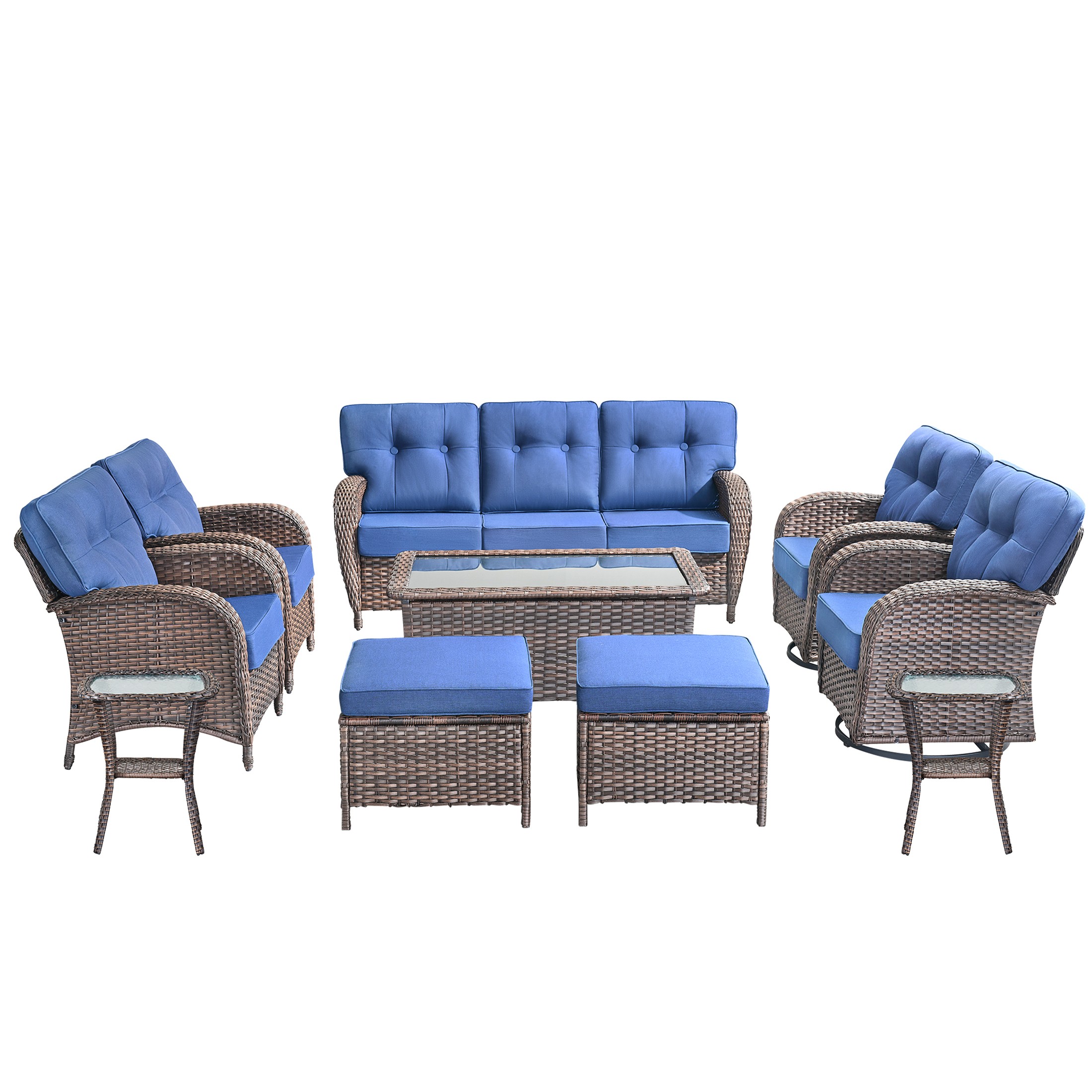 Unnifurnzi 10 Pieces Patio Furniture-Outdoor Patio Couch with Outdoor Swivel Rocking Chair Deep Seat Rattan Conversation Set for Deck Porch Garden Balcony Poolside-Brown/Blue