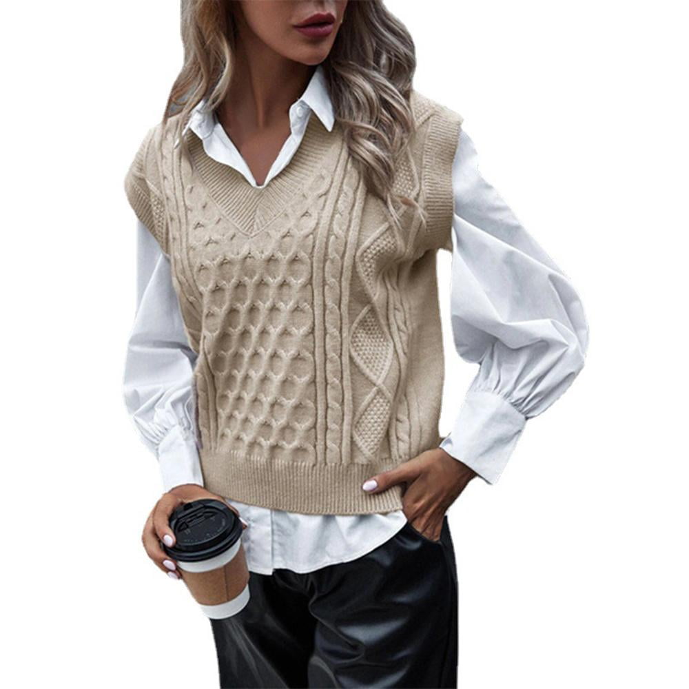 Vsaiddt Womens Cable Knit V Neck Sweater Vest Casual Uniform Knit Sleeveless Sweater