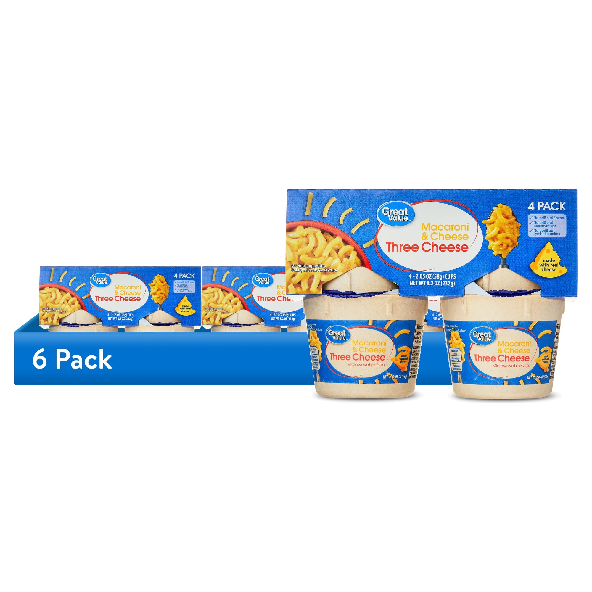 (6 pack) Great Value Three Cheese Macaroni & Cheese, 2.05 oz, 4 Count (Shelf Stable)