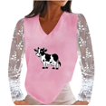 thumbnail image 1 of Mujeres Casual Vaca Impreso Cuello en V Encaje Empalme Manga larga Jersey Blusa Camiseta Tops Fridja hkj4334, 1 of 5