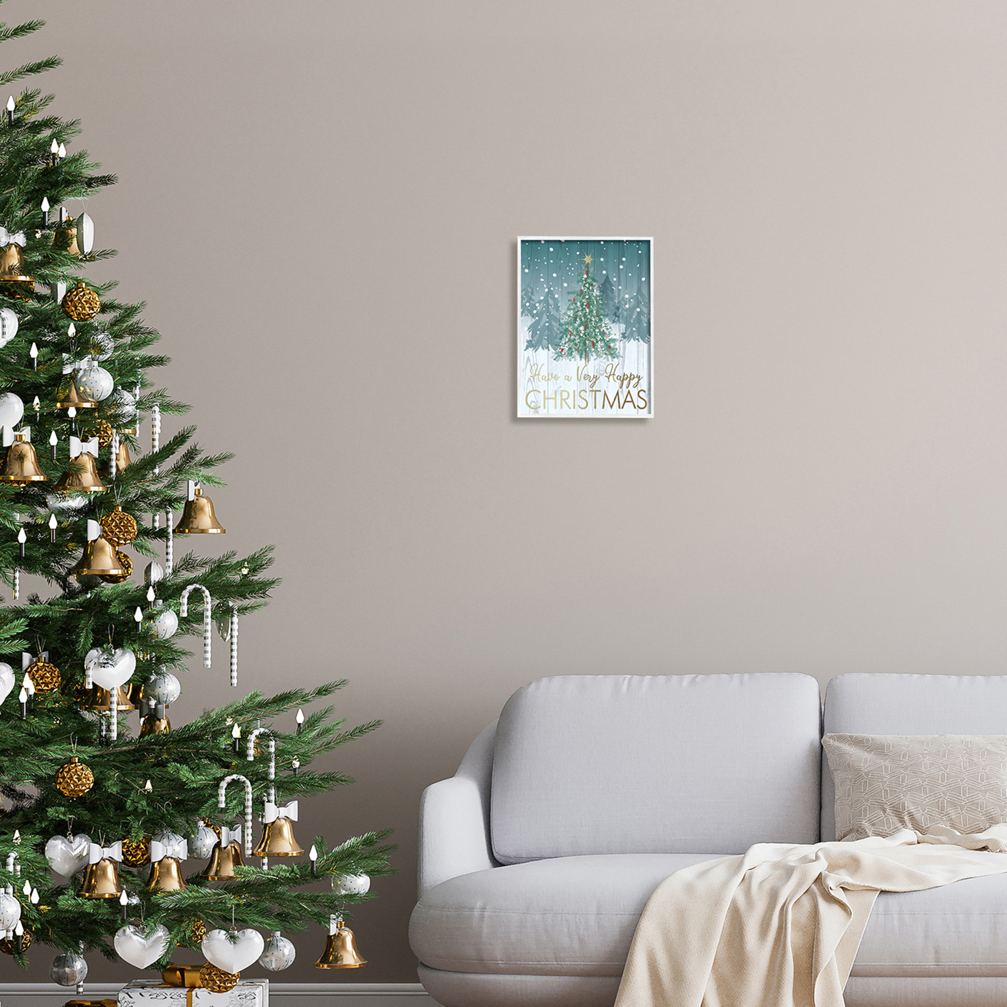 Happy Christmas Glam Detail Text Rustic Fir Tree Botanical & Floral Graphic Art Framed Art Print Wall Art