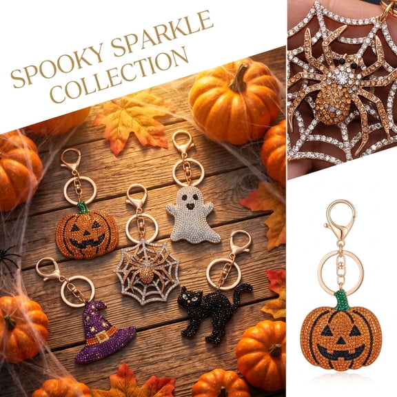 Champagne Gold Halloween Pumpkin Keychain with Rhinestones, Lobster Clasp Keychain, 4 Inch, Halloween Party Decorations