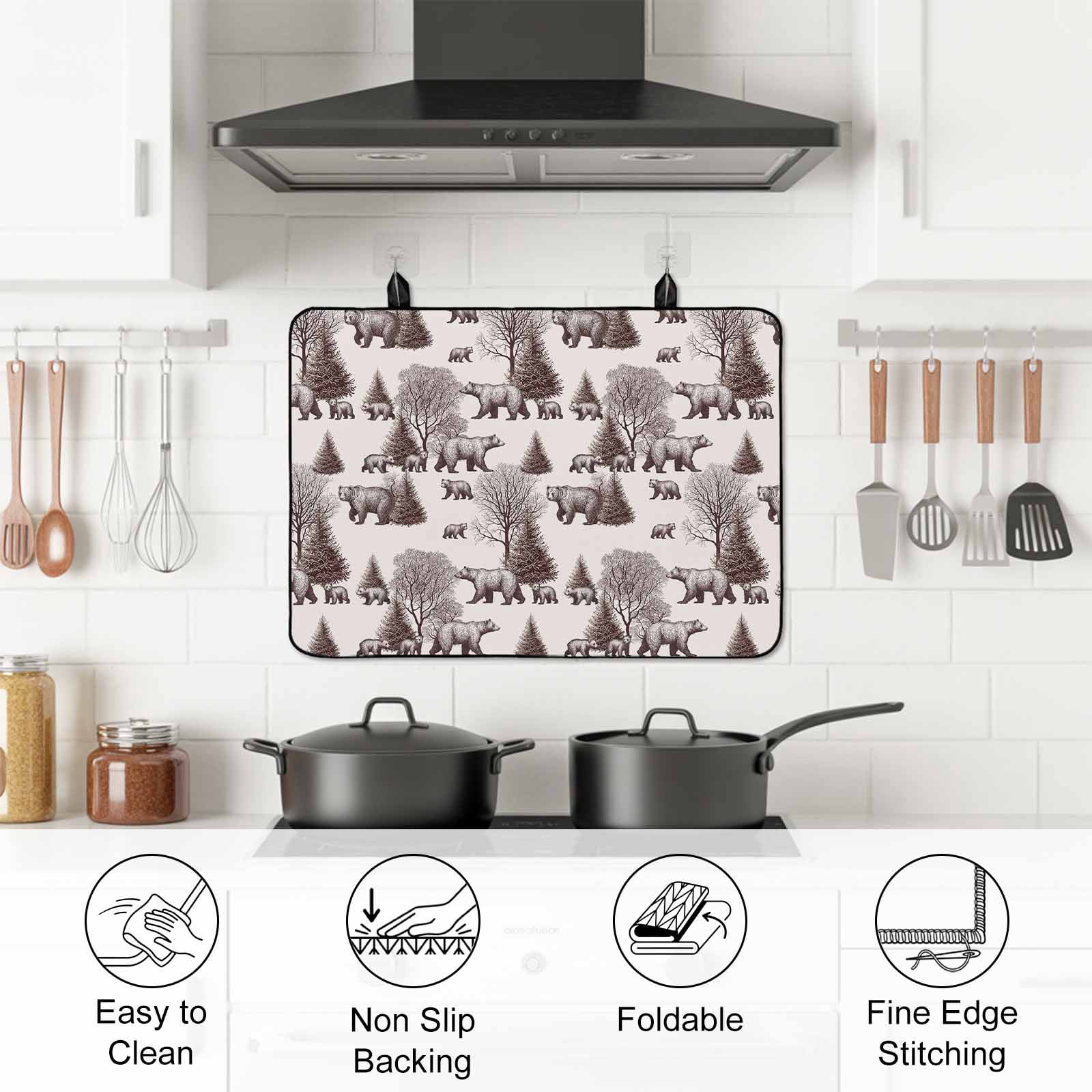 Brown Bear Stove Top Cover for Electric Stove, Heat-proof & Non Slip Glass Top Stove Cover Protector, Hunting Bear Forest Wildlife Animals Vintage Kitchen Flat Cooktop Rubber Mat 24x21 Inches
