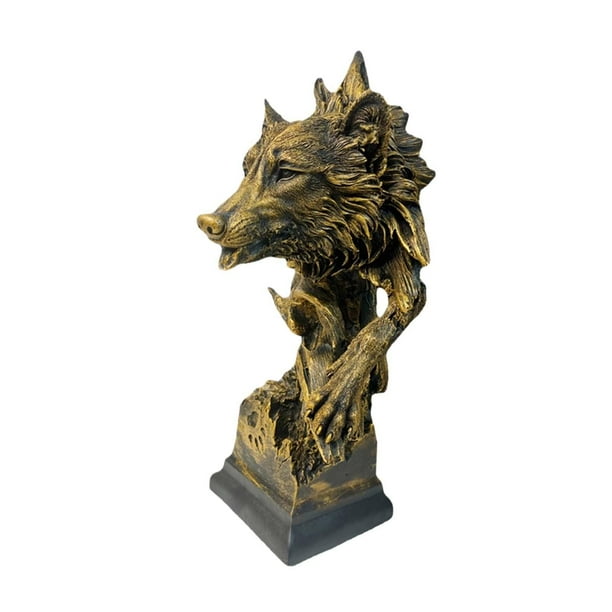 Cabeza de animal decorativa, adorno de mesa, figura antigua, escultura de cabeza de lobo, animal oro