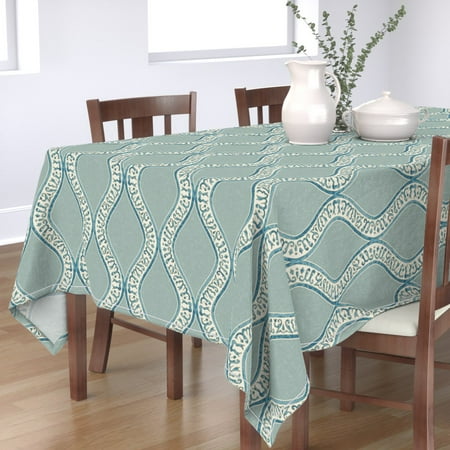 

Cotton Sateen Tablecloth 70 Square - Mineral Green Sage Blue India Stripe Traditional Medieval Renaissance Print Custom Table Linens by Spoonflower