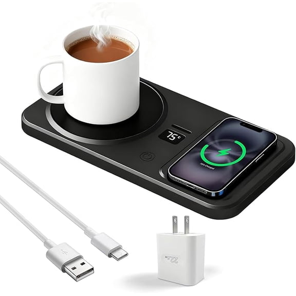 Cup Warmer, Wireless Coffee Mug Warmer Smart for Office Desk,2 in 1 Cordless Mug Warmer, 3 Levels Heating Temperature Controlfor, Type-C Heating Coaster Drink Warmer (Black)