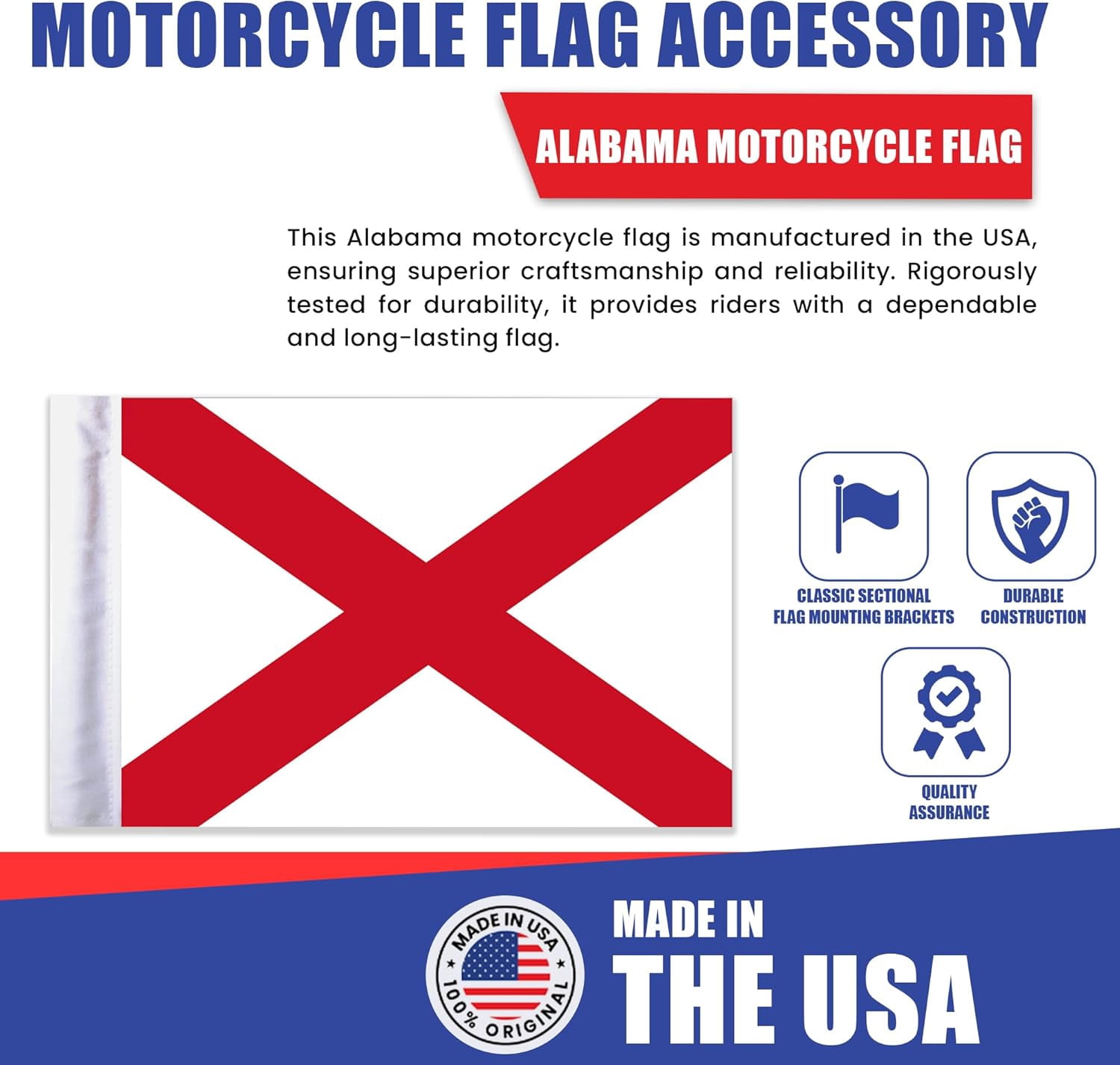 Alabama Motorcycle Flag 6"x9" | Durable Cotton-Poly Blend | Double-Sided & Double-Stitched | 1/2" Sleeve for 9" Poles | Wind-Resistant for Highway Speeds | Made in USA | Motorcycle Flag Accessory