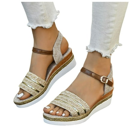 

ZHAGHMIN Comfortable Flip Flops Women s Summer Roman Wedge Sandals Fashion Canvas Buckle Strap Fish Mouth Thick Bottom Sandals Beige Size9