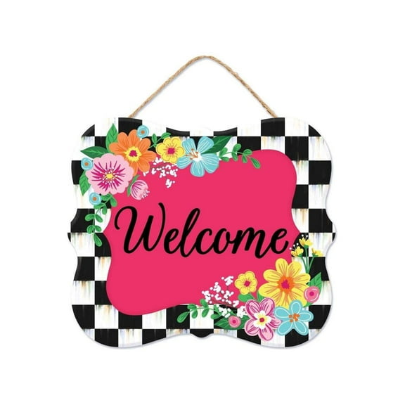 10" Scalloped Wooden Sign: Welcome Hot Pink Checker