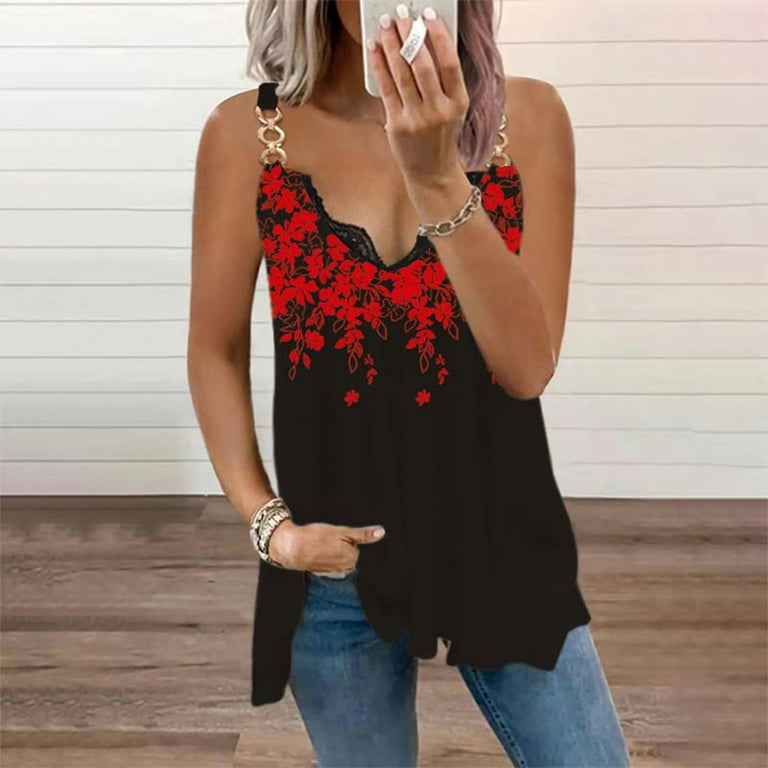 EHQJNJ Tank Tops for Women Cropped Womens Fashion Summer Lace Sleeveless V  Neck Floral Print Camisole Casual Tank Top Bustier Tops for Women Lingerie