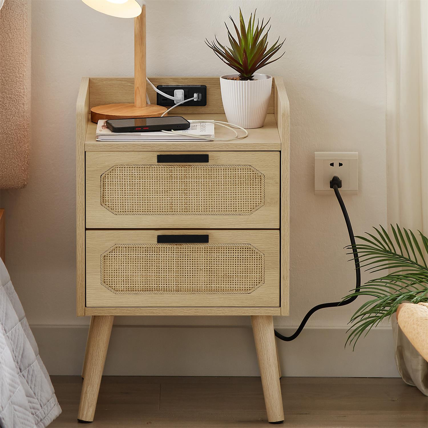 Kadyn Rattan Nightstand, Nightstand Side Table with Socket and 2 Drawers, Bedside Table for Bedroom, Golden