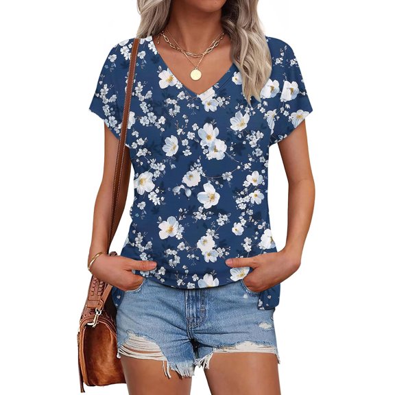 Frostluinai Womens Casual Dressy T Shirts Short Sleeve V Neck Floral Print Tops Trendy Tunic Shirts Lightweight Blouses Comzy Tees Gifts for Women