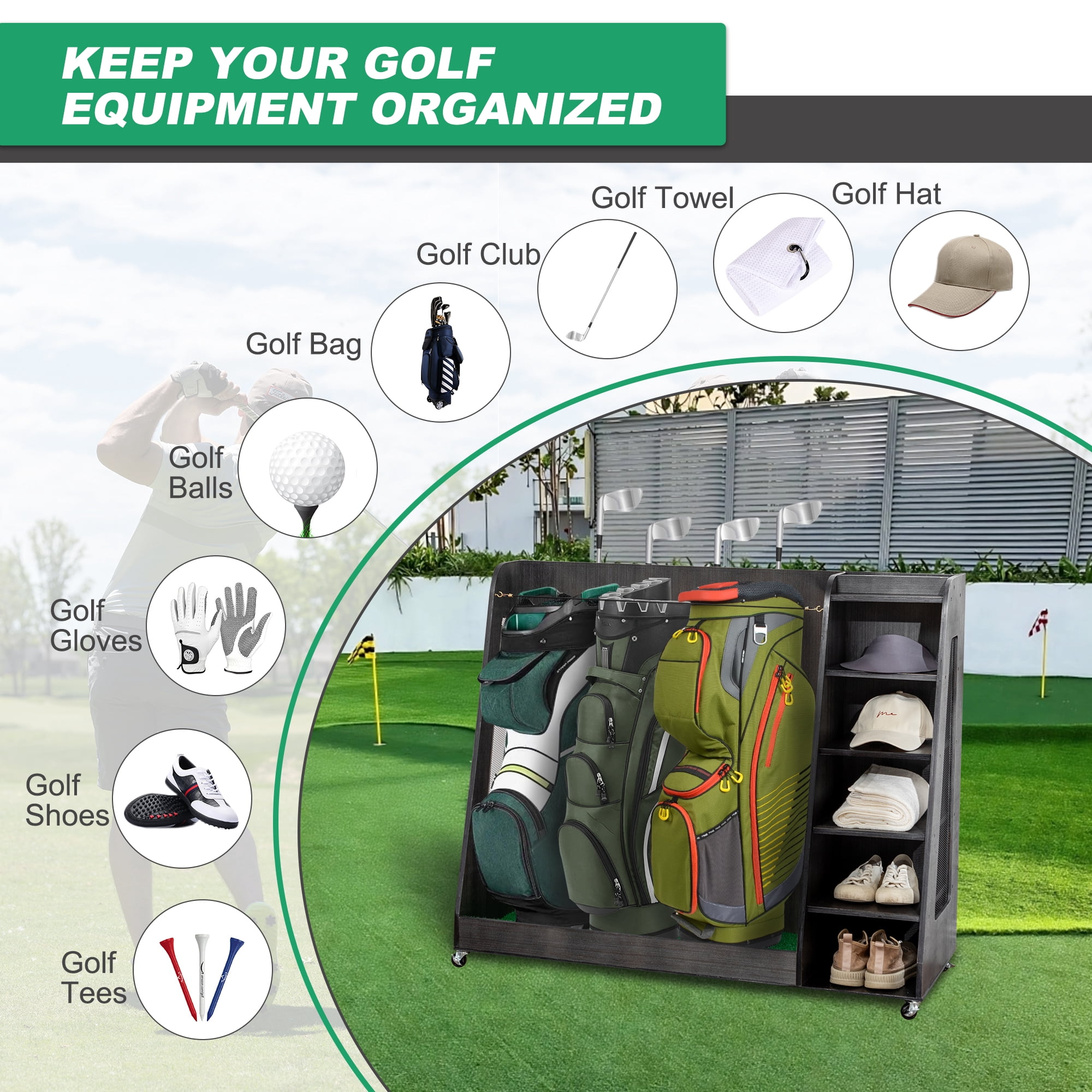 Miniyam Golf Bag Storage Rack – Holds 2 Stand Bags & 14+ Clubs, Wooden Organizer with Ball & Shoe Storage, Gray