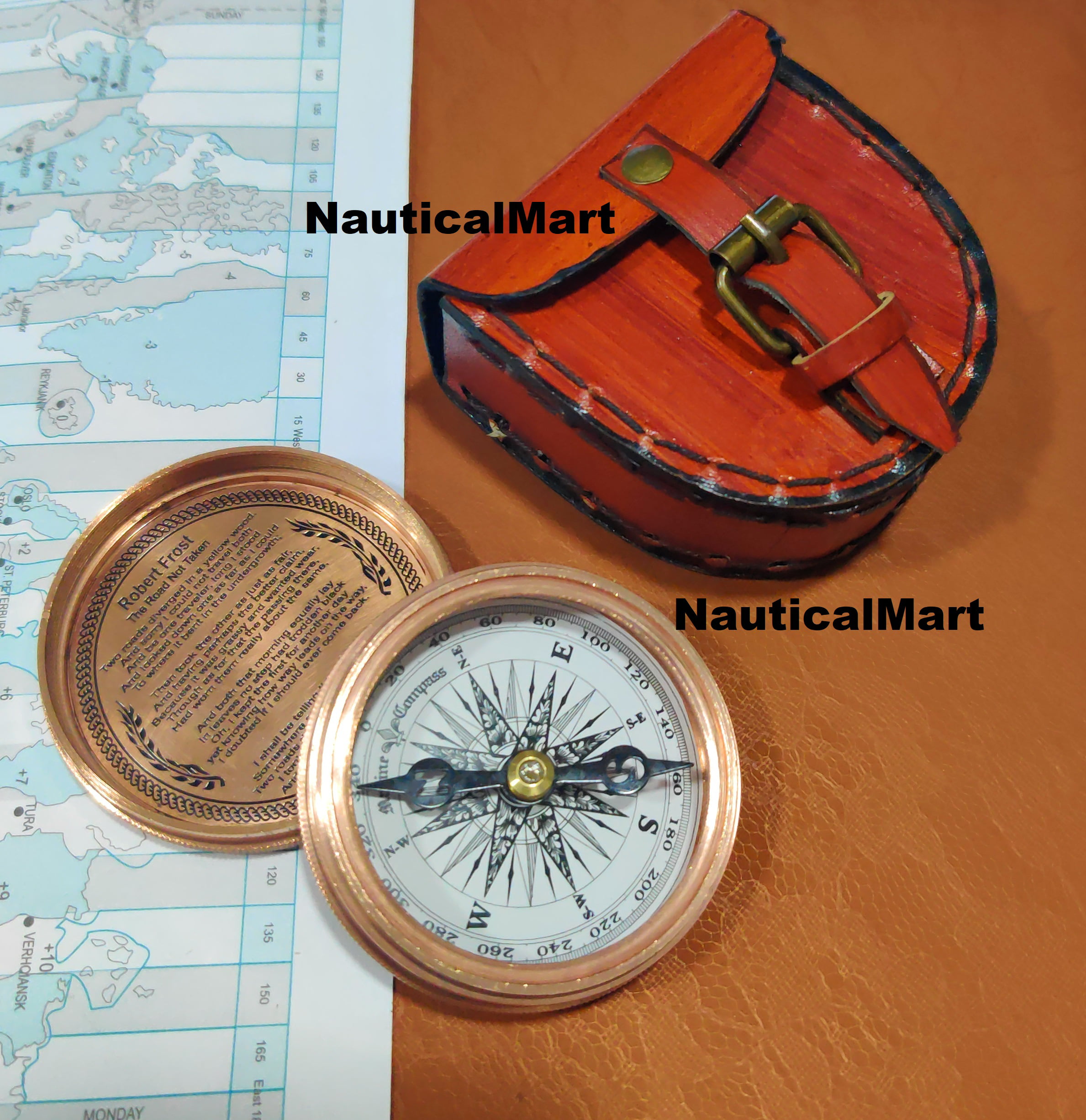 Nautical Antiqued Brass Poem Compass With Leather Case Christmas gift 