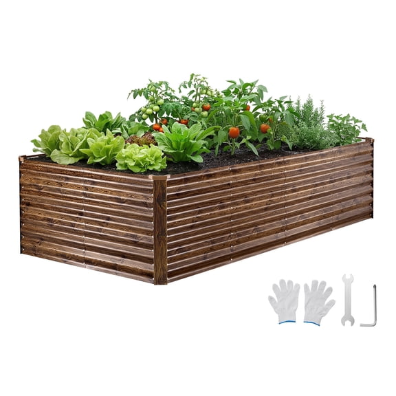 VEVOR Galvanized Raised Garden Bed, 8 x 4 x 2 ft, Rectangular Metal Planter Box Kit Outdoor, Bottomless Elevated Planting Box with Gloves, Alu-Zinc, for Growing Flowers Vegetables, Deep Wood Grain