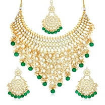 South Indian Bollywood Kundan Choker Necklace Set | Gold Plated Matte Finish Bridal Jewelry with CZ Stones, Guttapusalu & Green Pearl Jaal Design | Earrings & Maangtikka