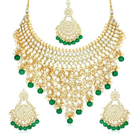 South Indian Bollywood Kundan Choker Necklace Set | Gold Plated Matte Finish Bridal Jewelry with CZ Stones, Guttapusalu & Green Pearl Jaal Design | Earrings & Maangtikka