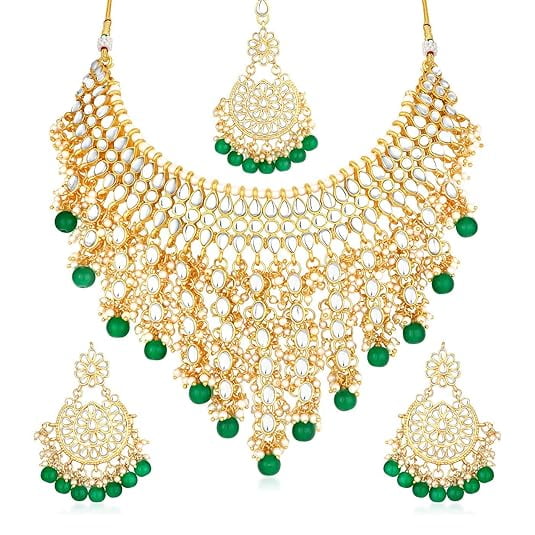 South Indian Bollywood Kundan Choker Necklace Set | Gold Plated Matte Finish Bridal Jewelry with CZ Stones, Guttapusalu & Green Pearl Jaal Design | Earrings & Maangtikka