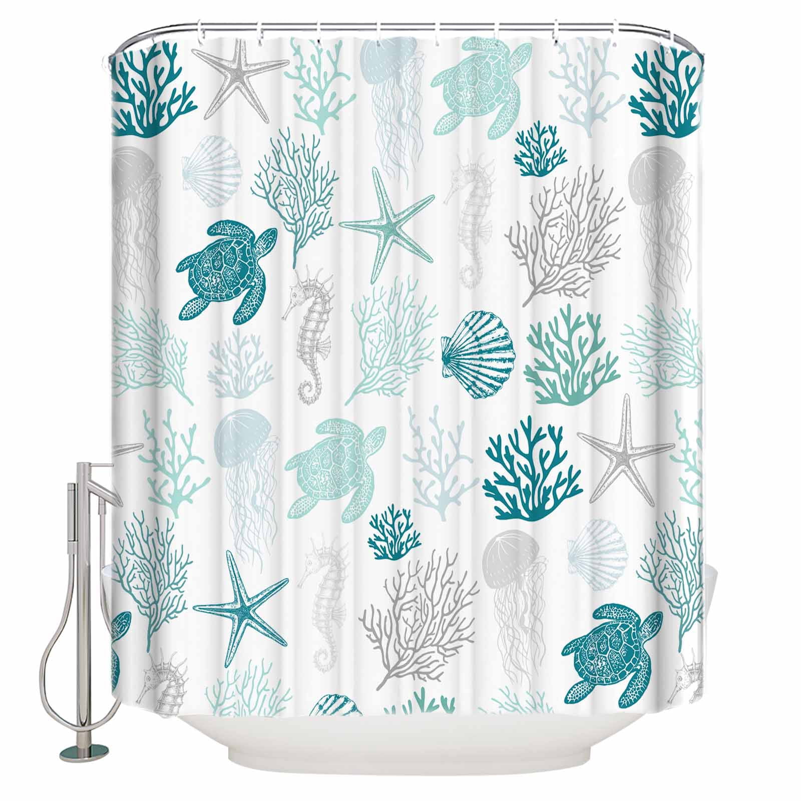 Turquoise Coastal Waterproof Fabric Shower Curtain, Nautical Summer Beach Coral Sea Turtle Shower Curtain for Bathroom Curtains Bathtubs Hotel Washable Shower Curtains with 12 Hooks Stall 48x72in