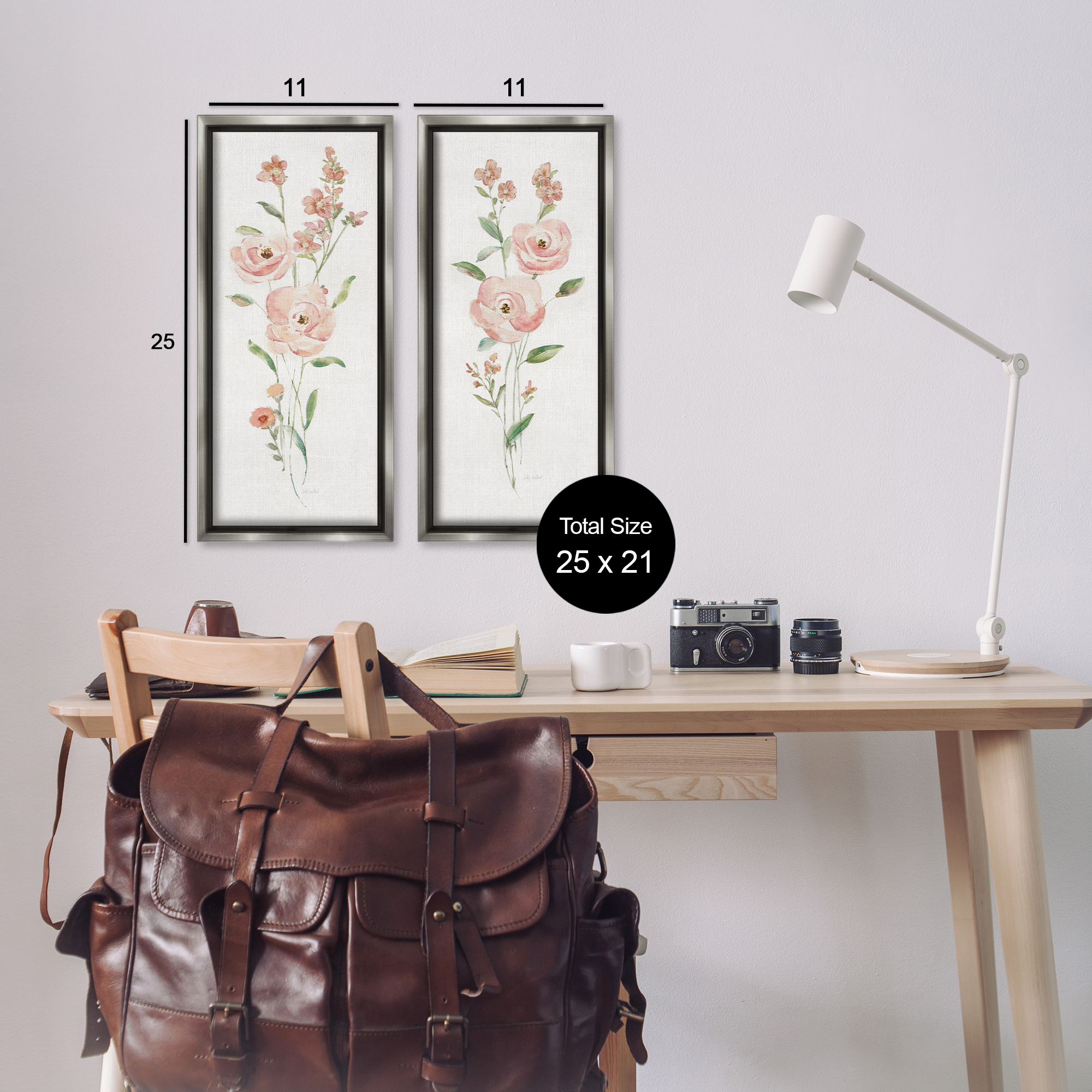 Stupell Industries Simple Pink Watercolor Flowers Plants & Flowers Painting Gray Floater Framed Canvas Art Print Wall Art, 11 x 25, Set of 2