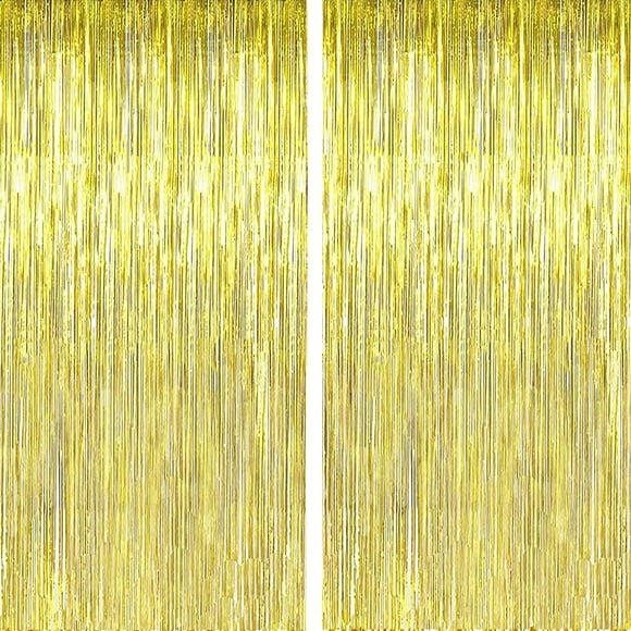 Fecedy 2pcs 3ft x 8.3ft Gold Metallic Tinsel Foil Fringe Curtains Photo Booth Props for Birthday Wedding Engagement