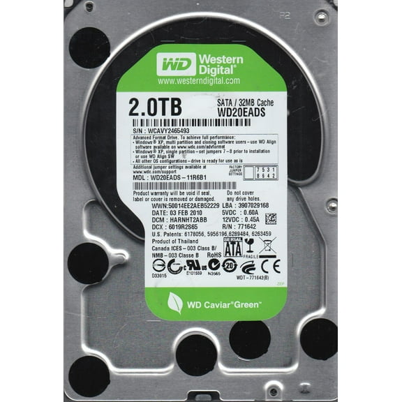 WD20EADS-11R6B1, DCM HARNHT2ABB, Western Digital 2TB SATA 3.5 Hard Drive