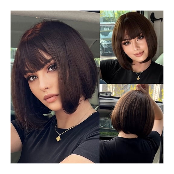 Brown Black Short Straight Synthetic Wigs with Bangs Women Bob Hair Wigs for Daily Cosplay Natural Heat Resistant Fiber