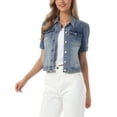thumbnail image 4 of INSPIRE CHIC Women's Denim Jacket Short Puff Sleeves Turndown Collar Jean Jacket Grey Blue S, 4 of 6