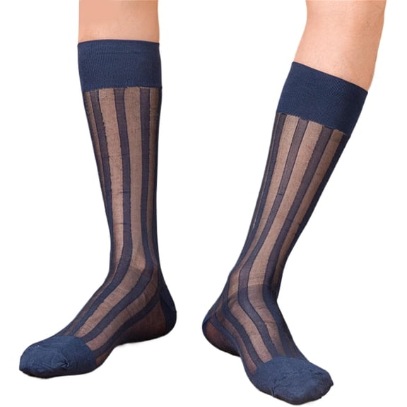 CAILDANL Mens Casual Business Dress Socks Middle Calf Wide Striped Sheer Nylon Stockings Formal Suit See Through Silk Socks
