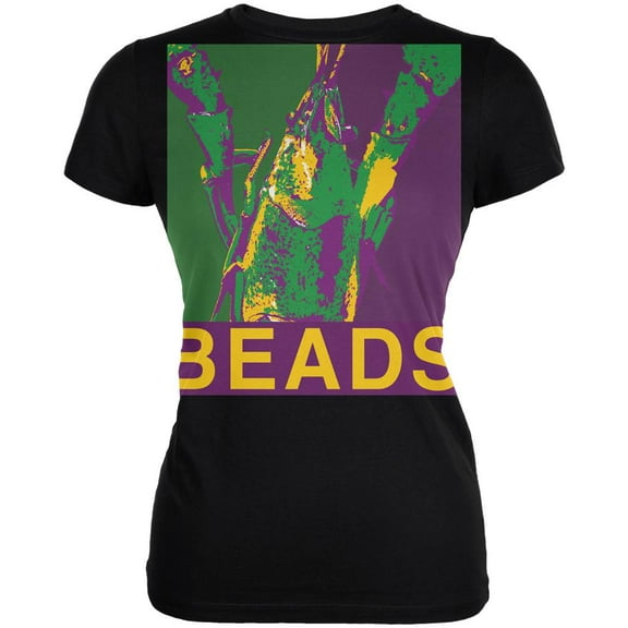 Mardi Gras Crawfish Beads Black Juniors Soft T-Shirt - Medium